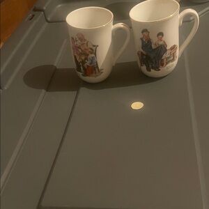 Classic White Ceramic Mugs with Vintage Art